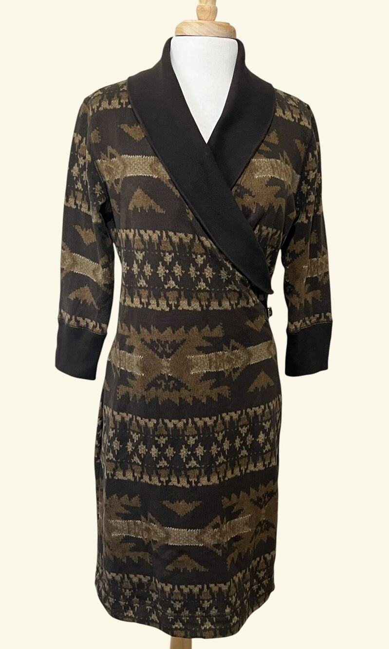 Ralph Lauren Sweater Dress Womens M Brown Aztec Southwestern Shawl Collar